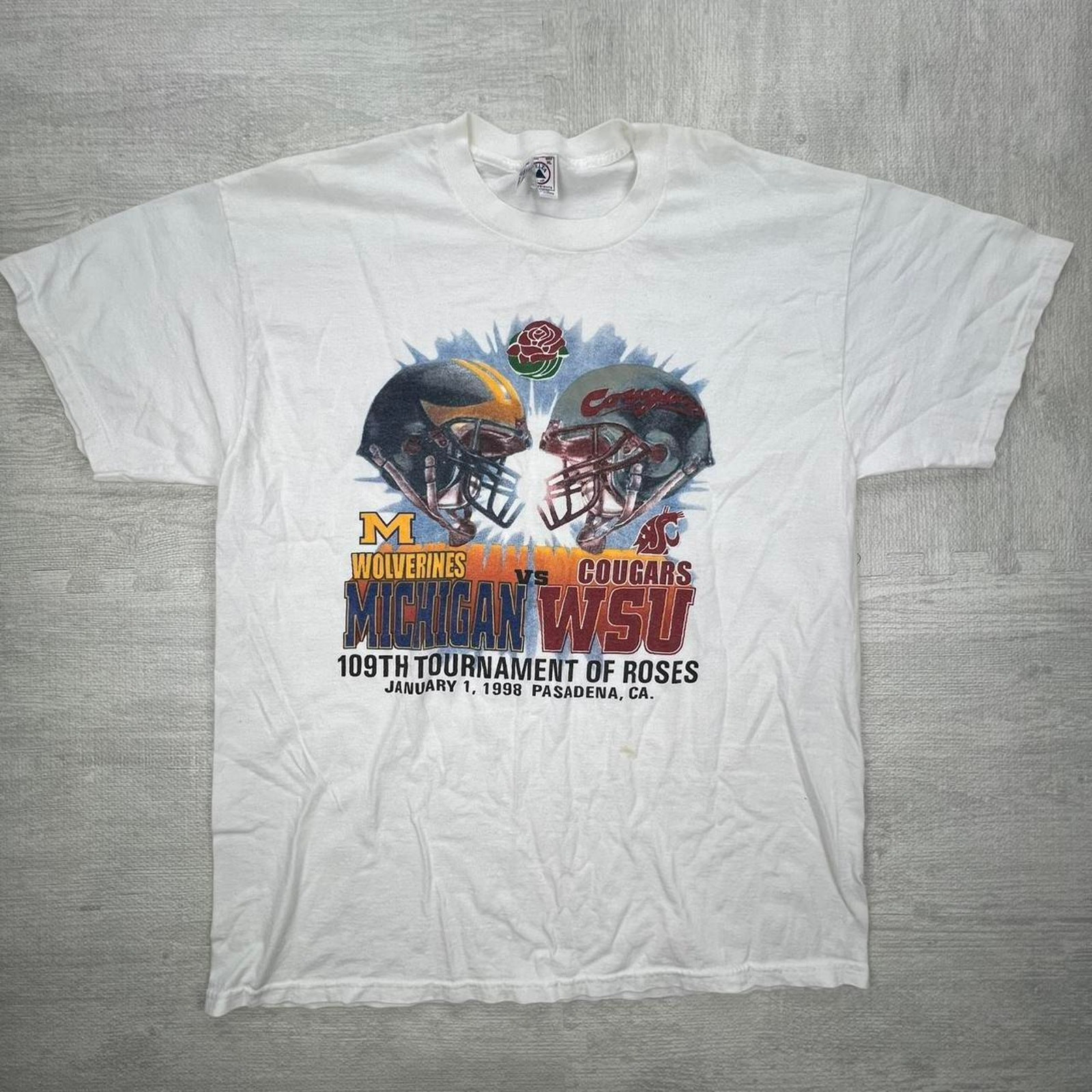 Vintage 90s 1998 Michigan Wolverines Rose Bowl T-Shirt Tee White College NCAA