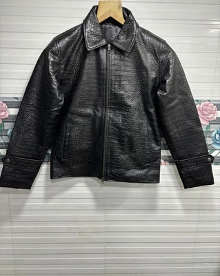 Men's Real Leather Black Croco Pattern Biker Jacket Luxury Croc Embossed Jacket