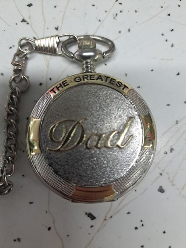 THE GREATEST DAD Two Toned Analog Quartz Pocket Watch w/ Chain UNTESTED