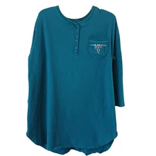 Earth Angels Womens One Size Teal Long Sleeve Nightshirt Gown Embroidered #I--9