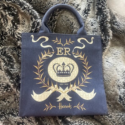 Harrods~ 2022 Platinum Jubilee- Queen's 70th Anniversary Shopper Bag Navy~ Rare