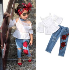 2PCS Toddler Kids Baby Girls Clothes Halter T-shirt Tops Demin Pants Outfits Set