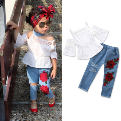 2PCS Toddler Kids Baby Girls Clothes Halter T-shirt Tops Demin Pants Outfits Set