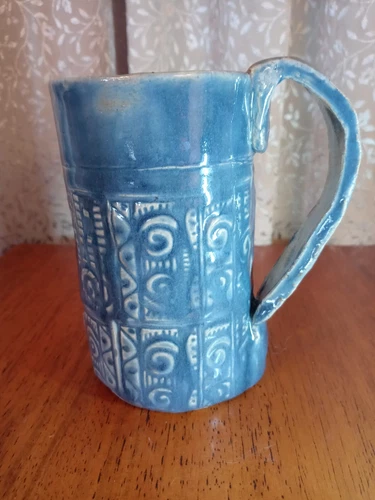 Studio Art Pottery Aztec Design Turquoise Glazed Coffee Tea Mug Signed