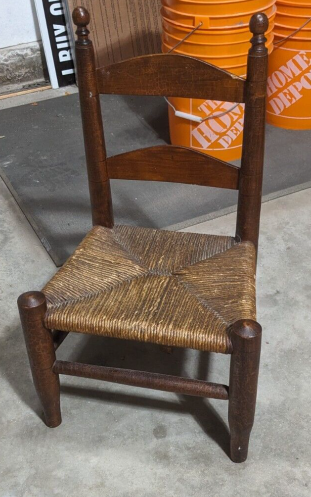 Early 18th C Children Antique Ladder Back Chair Woven Cane Rush
