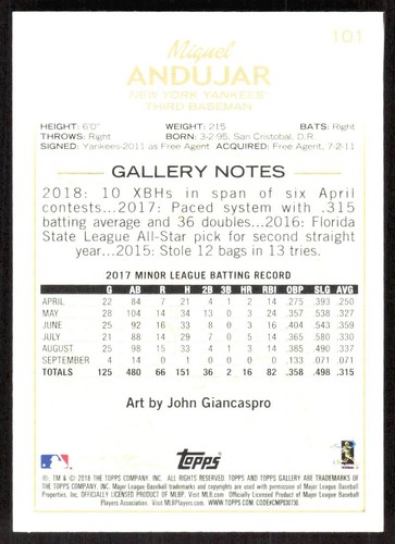 2018 10759B Topps Gallery Miguel Andujar Rookie New York Yankees #101 - Picture 2 of 2