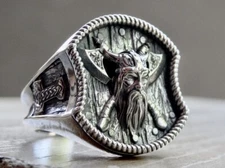 Viking Ring Sterling Silver 925 Thor Hammer Double Axe Odin Handmade Jewelry