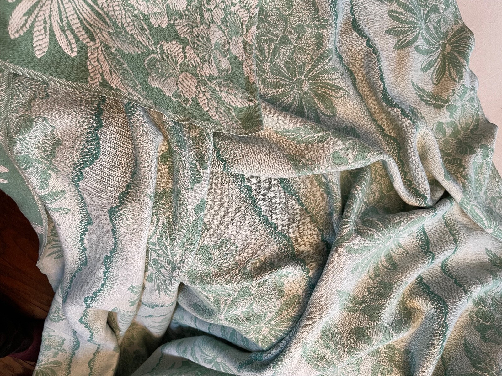green cotton jacquard throw blanket coverlet foliage BATES 80x68