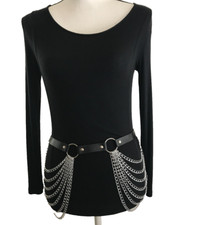 Women's Belt One Size Black Silver Biker Punk Layered Chain Swag Ladies