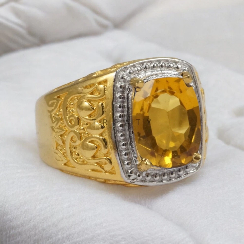 Cojín de citrino corte con anillo chapado en oro de plata de ley 925 para hombre #867 Foto 3 de 4
