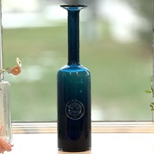 Handblown Glass Vase Dark Teal 16 Tall Applied Emblem Trumpet Mouth