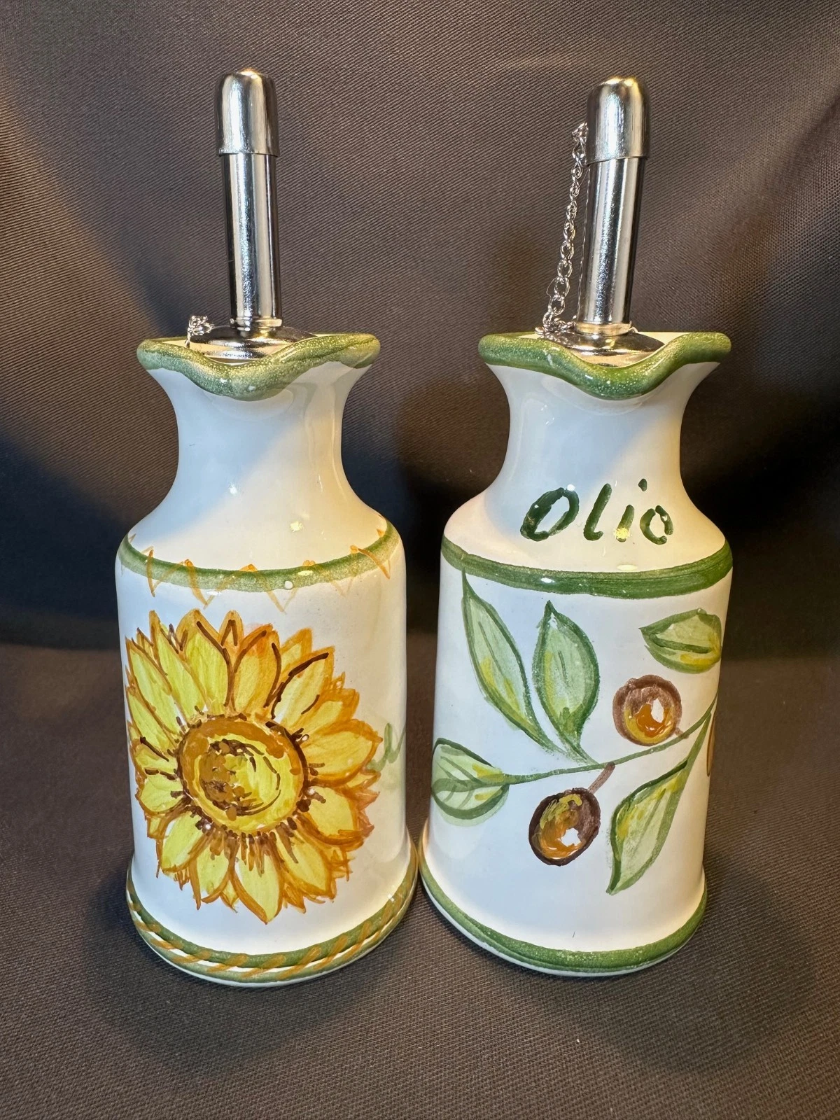 OOAK Hand Painted Ceramic Olive Oil and Sunflower Oil Cruet Set Artist Signed