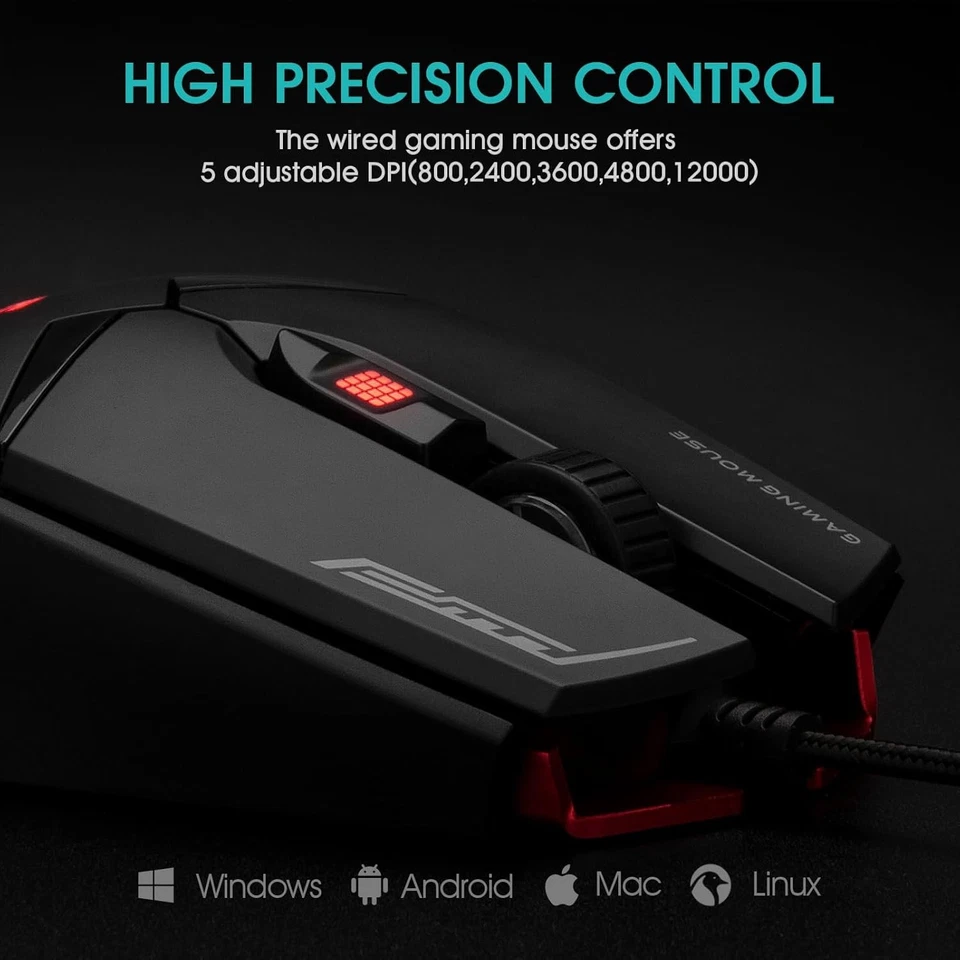 Wired Gaming Mouse, 12,000 DPI Ergonomic Design RGB Lighting Multi-OS Compatible - Image 2 of 4