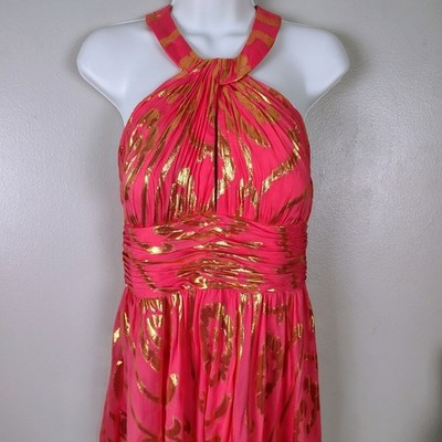 Aidan Mattox Pink Gold Metallic Silk Halter Gown Dress Womens 10 Formal  Evening | eBay