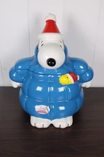 NEW Peanuts Snoopy Blue Puffer Jacket Woodstock Cookie Jar Canister Christmas