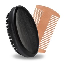 FaHaner Men's Beard Brush Kit with Pearwood Comb and 100% Boar Bristle Brown