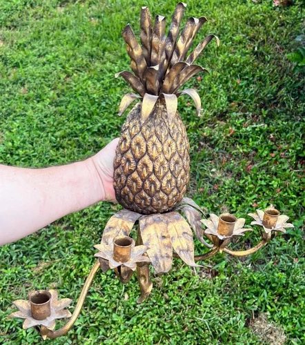 Large Four 4 Arm Wall Candle Sconce Cast Metal & Wrought Iron Gold Pineapple