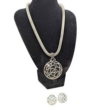 Silver Tone Rose Flower Round Pendant Necklace and Matching Stud Earrings Set