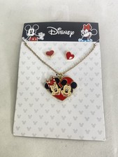 Disney Mickey and Minnie Mouse Heart Pendant Necklace and Earring Set