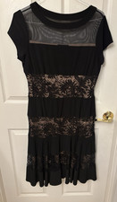 R&M Richards  Black Nude Evening  Lace Midi  Short Sleeve  Dress Size 14 P