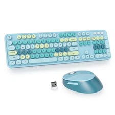 Blue Wireless Keyboard and Mouse Set, 2.4GHz, Full-Size, Retro Round Keys