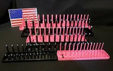 Hansen 6 Pc Socket Tray Metric SAE Tool Rack Holders 1/4" 3/8" 1/2" Pink/Blk USA