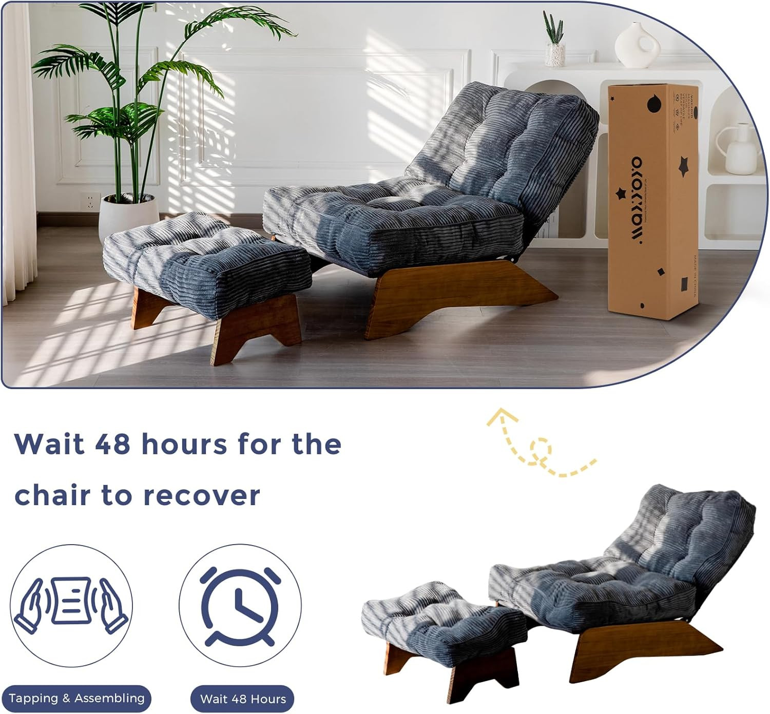 Modern Tufted Accent Chair with Ottoman, Adjustable Backrest, Dark Grey