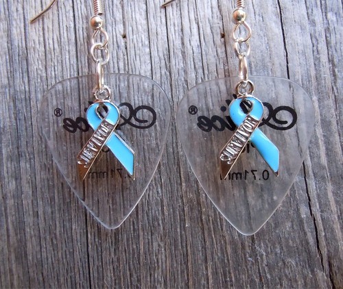 Light Blue Survivor Ribbon Guitar Pick Earrings - Picture 4 of 7