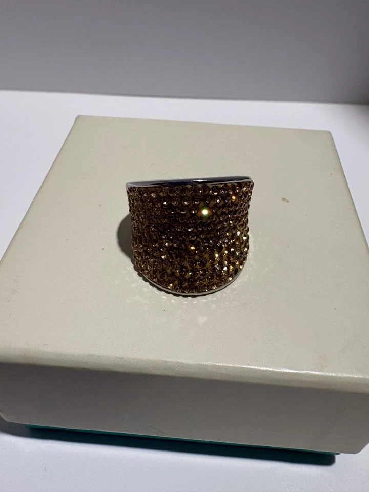 Anillo de cristal pavé cóncavo acero por diseño marrón talla 7 vintage impresionante cóctel Foto 2 de 4