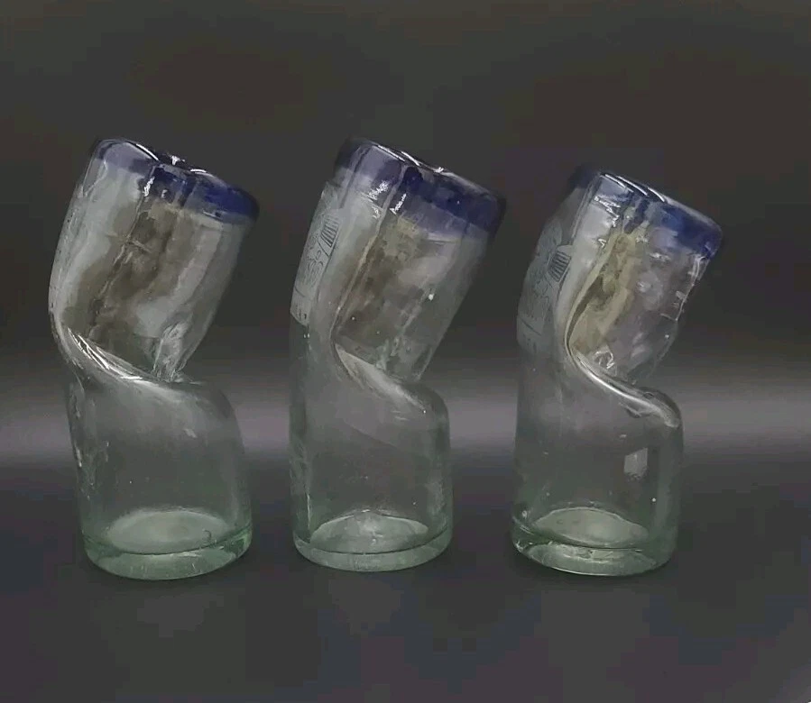 Vasos mexicanos de vidrio soplado a mano doblados borde azul cobalto de restaurante Rec. #F12 Foto 3 de 4