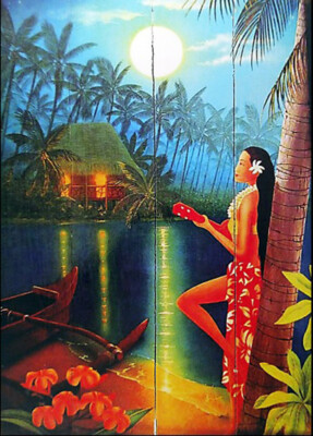 12'' TALL X 8'' WIDE RUSTIC WOOD PRINTED HAWAII SLAT SIGN - UKULELE HULA GIRL