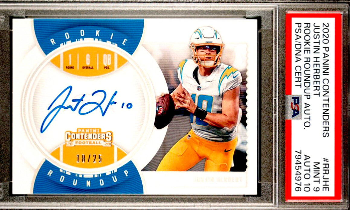2020 Contenders Justin Herbert  RC AUTO /25 PSA 9/10 AUTO Rookie Roundup ON CARD