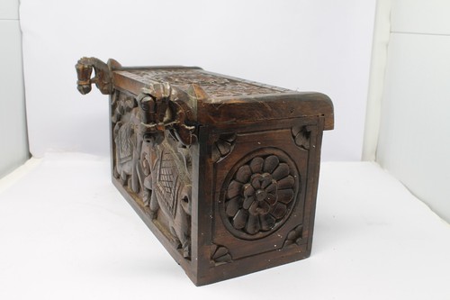 Antique Old Wooden Elephant Fighting Carved Storage Multi Purpose Use Box NH6805 - Picture 3 of 12