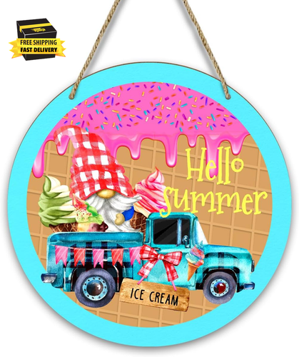 Hello Summer Door Decor Sign, Ice Cream Summer Gnome Decorations for Home Front