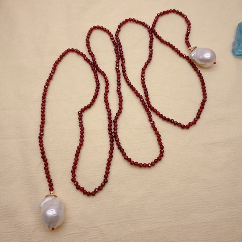 Natural Faceted Garnet Cultured White Baroque Pearl Long Necklace Women Jewelry - Picture 6 of 6