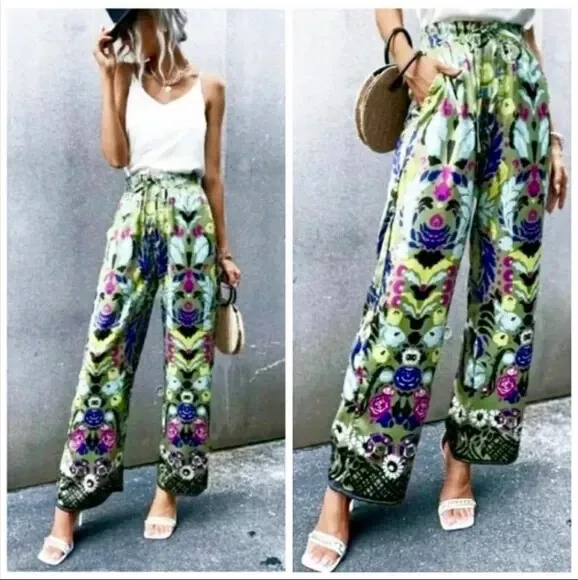 Zara Multi Color Floral Print Satin Effect Flowy Wide Leg Palazzo Pants ~M  M3020