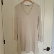 Asos Women's V-Neck Long Sleeve A-Line Sweater Dress Neutral Cream Beige Size 6