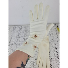 Vintage 1950s Meyers Make Off White Ivory Fabric Fancy Gloves Women's Size 6.5