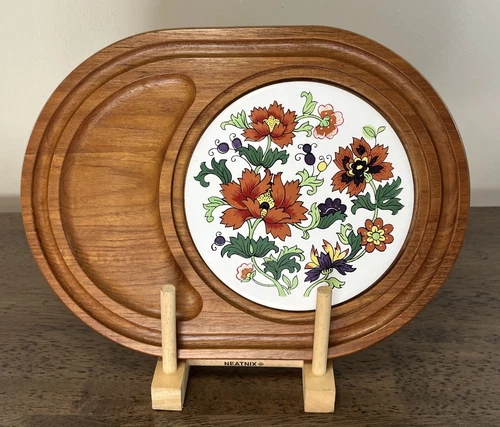 Vintage Dolphin 12" Oval Teakwood Cheese Server (Charcuterie) with Olympus Tile