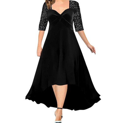 Plus Size Women Solid V Neck Velvet Formal Dress Sequins Half Sleeve Pary Dress - Picture 26 of 36