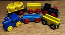 Lot of 6 Colorful Wooden Toy Train Set w/ 2 Locos Cement Mixer