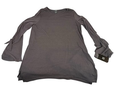 Clara SunWoo Gray Purple Knit Tunic Top L Ruched Sleeve Stretch NWT Travel