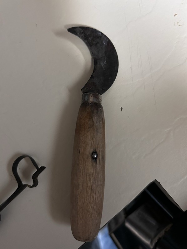 Vintage Curved Fruit Opener Tool, Wood Handle Metal Hook Blade, Brown/Black