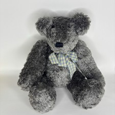Vintage Gray Teddy Bear Posable Bow Plush Stuffed Animal Toy 12" Soft