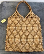 Vintage Crochet Jute Handbag Tan Cream Fabric Lining Double Handles 13 W 12 H