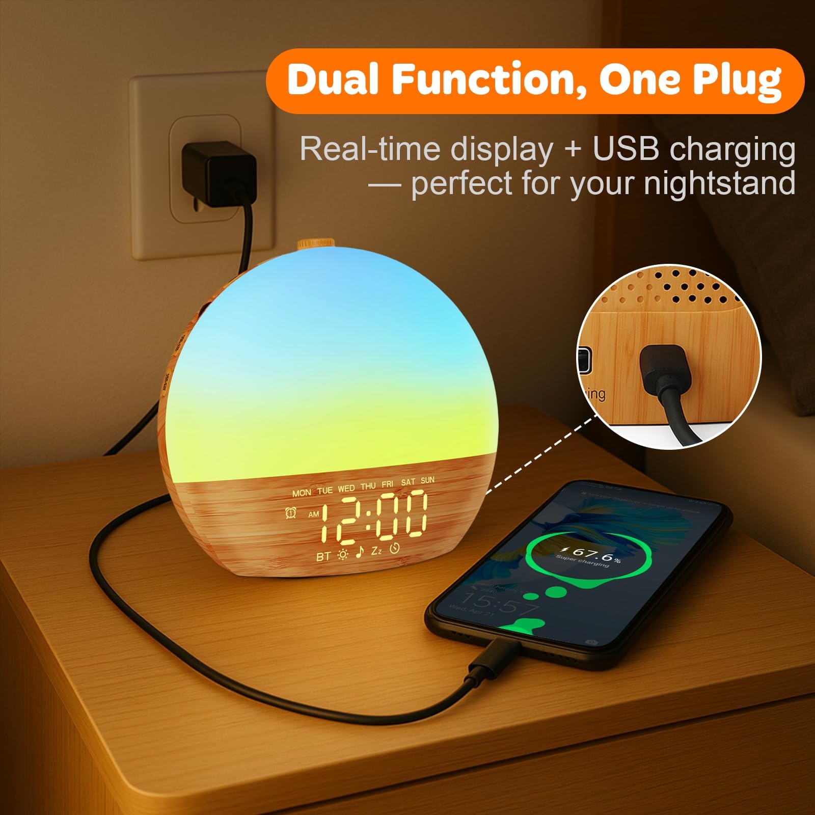 Sunrise Alarm Clock with Sound Machine - Wake Up Light, Wood Grain 