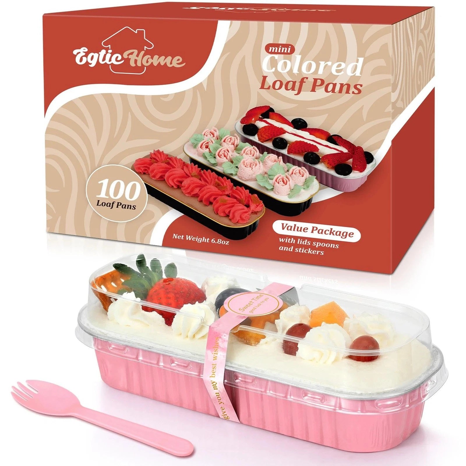 100 PCS Mini Loaf Pans Lids Spoons Pink 6.8oz Rectangular Aluminum Foil Baking