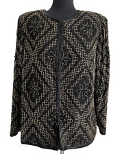 Vtg Laurence Kazar New York Beaded Black Gold Floral Jacket Size Large