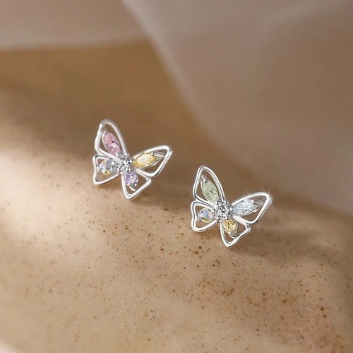925 Sterling Silver Crystal Colourful Butterfly Stud Earrings Womens Jewellery