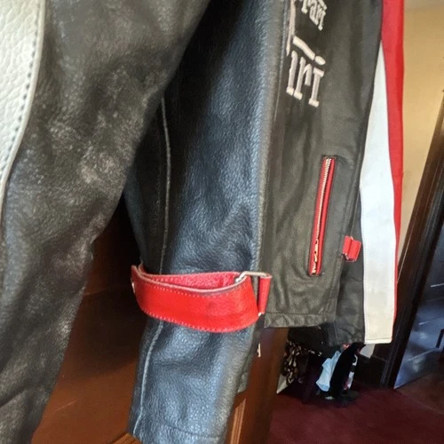 Ferrari Men’s Leather Motorcycle Jacket Full Zip Stand Collar Black Red L image 2